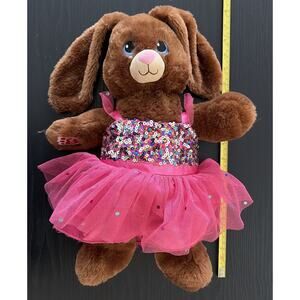 BAB Bunny Rabbit 17" Soft Plush Brown Blue Eyes Pink Nose Sequenced Dress